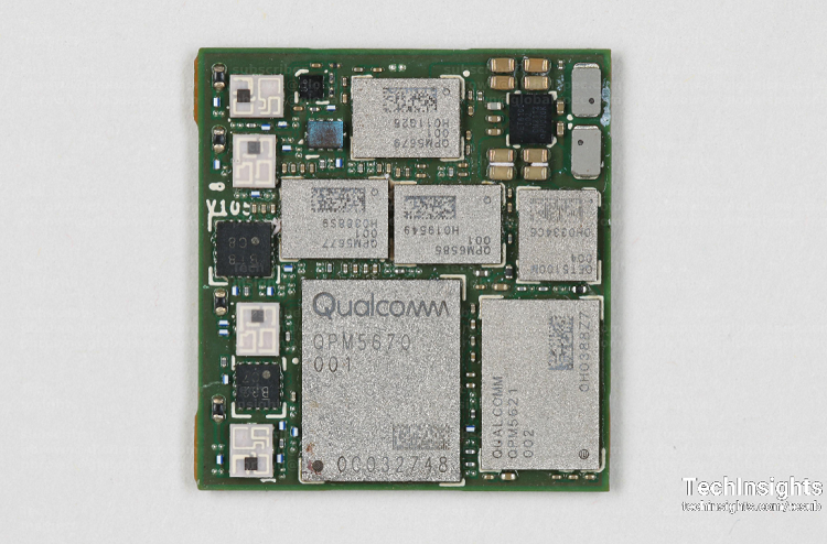 The 5G board inside the Lenovo ThinkPad X1 Fold laptop house the cellular technology to connect the laptop to the internet and includes major components from Qualcomm among others. Source: TechInsights