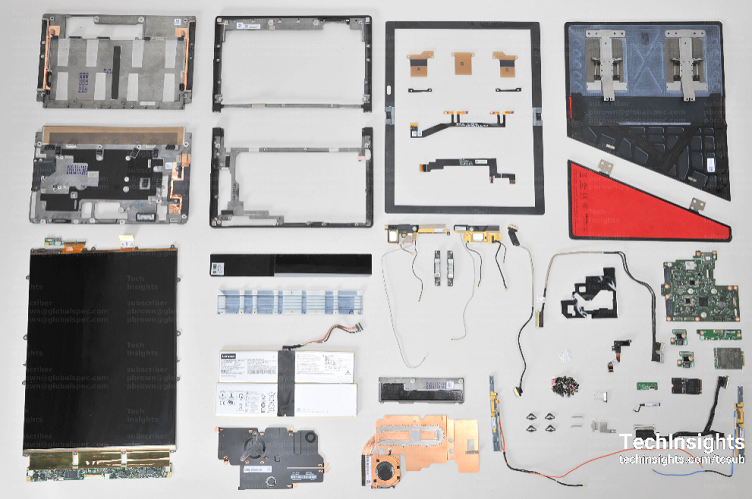 The major components of the ThinkPad X1 Fold including the housing, touchscreen, battery subsystem, SSD subsystem and more. Source: TechInsights 