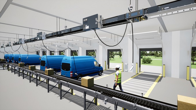 The overhead power distribution solution enables fleets to quickly establish and reconfigure charging infrastructure. Source: Eaton