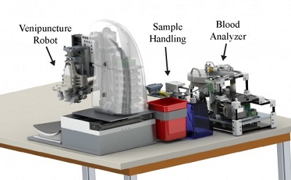 The fully automated device includes an image-guided robot for drawing blood from veins, a sample-handling module and a centrifuge-based blood analyzer. Source: Max Balter/Rutgers University