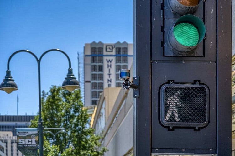 A lidar sensor is mounted to a traffic light to monitor vehicles to keep tabs on busy areas of the city. Source: Velodyne 