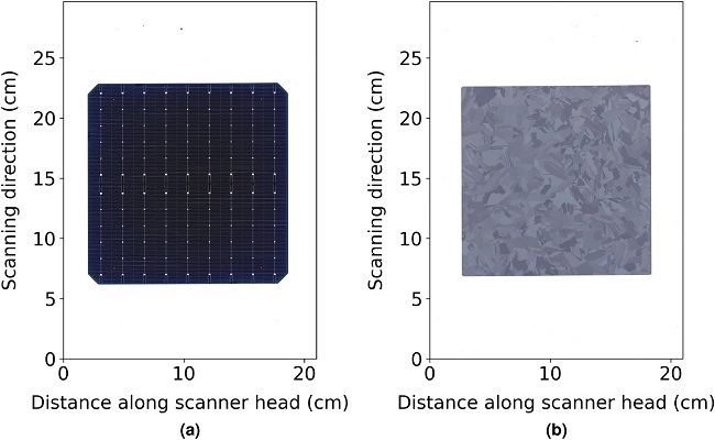 Example scan of (a) a silicon solar cell from a 2020 manufacturing line and (b) textured multi-crystalline wafer used in this study. The scan has 118 pixels per cm and was taken with a CIS based Canon Lide 300. Source: Macquarie University/Scientific Reports/CC BY 4.0