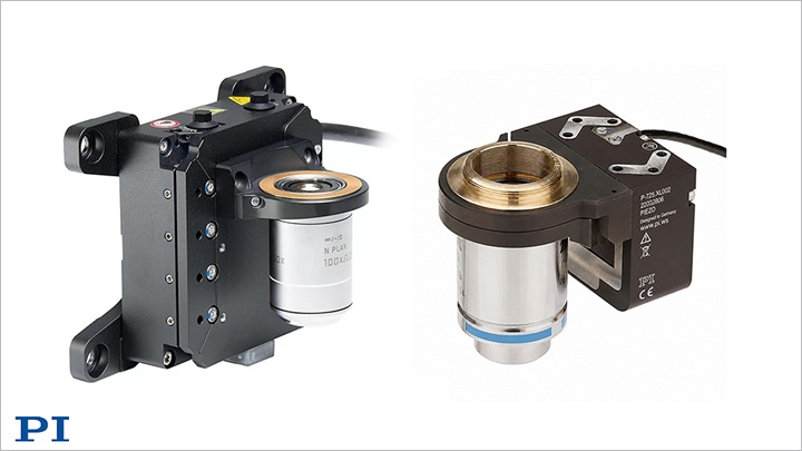 PI objective focusing stages: voice coil (left) for long travel to 7mm; piezo (right) for compact size and fast response with travel ranges to 800&micro;m. Source: PI