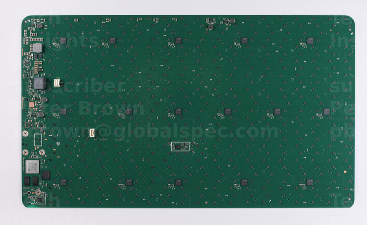 The antenna board contains a large sway of electronic components for operation of satellite internet broadband technologies with MEMS sensors, flash memory and much more. Source: TechInsights