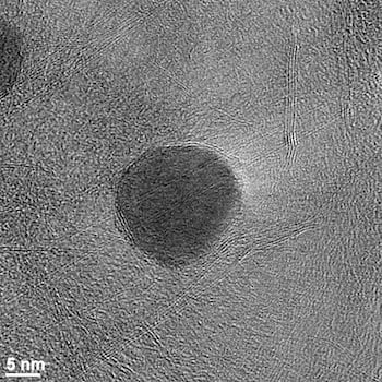 A single “rivet,” a carbon-wrapped nanoparticle of iron, attached to graphene that has been reinforced by an interconnected web of carbon nanotubes. Source: The Tour Group, Rice University 