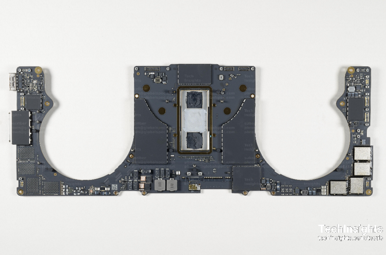 The main board houses the 64-bit deca-core applications processor, main memory and electronic components of the Apple Macbook Pro 16. Source: TechInsights