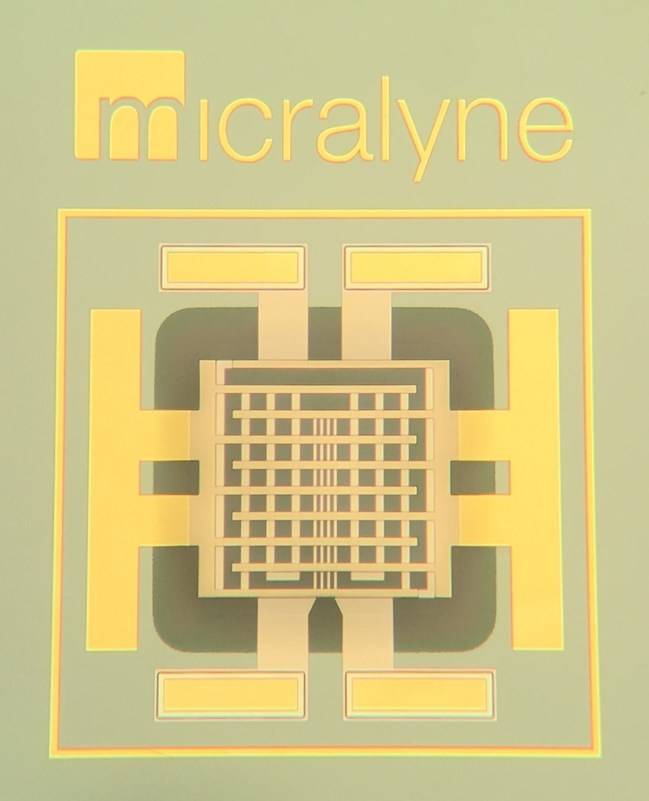 metal oxide gas sensor with integrated micro hotplate, 1.6-by-1.6 millimeter die size. (Source: Micralyne)