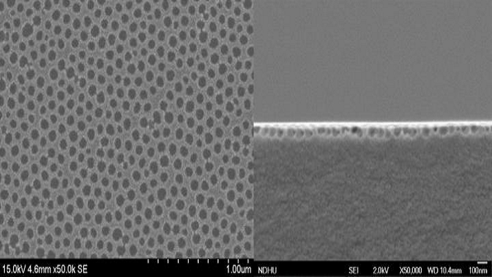 The film of moth-eye-like nanostructures from above (left) and from the side (right). (Source: Shin-Tson Wu)