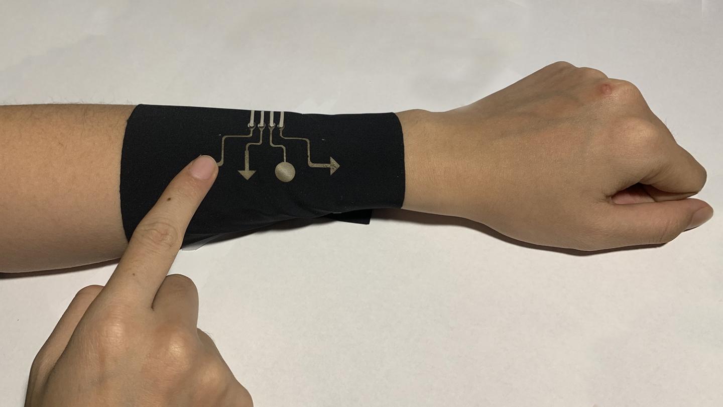 The sleeve pictured here incorporates breathable electronic fabric making it both comfortable and able to function as a video game controller. Source: Yong Zhu, NC State University
