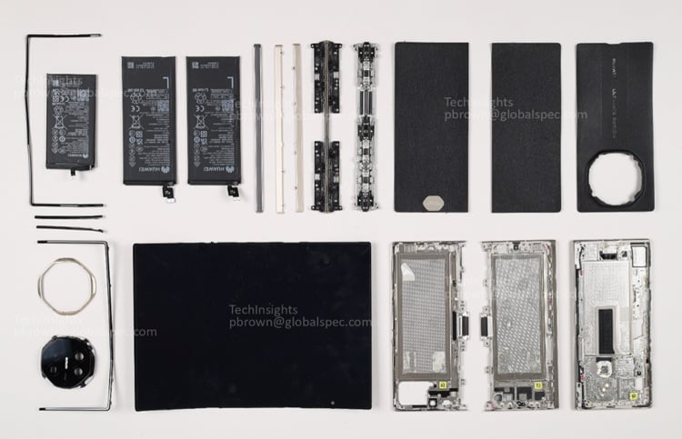Some of the electronic components found on the Huawei Mate XT Ultimate Edition. Source: TechInsights