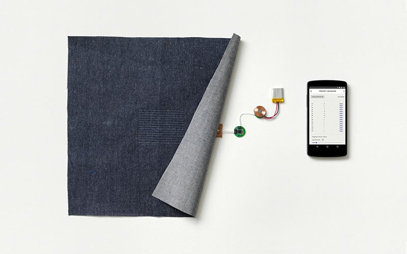 Levi’s and Google teamed up to create the connected jacket (top). Captured touch and gesture data is wirelessly transmitted to mobile phones or other devices to control a wide range of functions (bottom). 