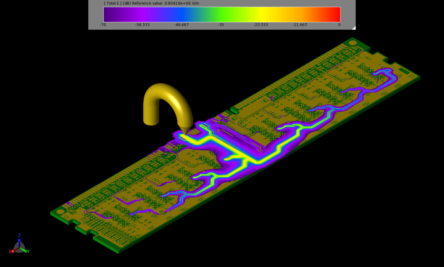 Figure 1: Electric fields during an ESD test of a DDR3 RAM stick. Source: Remcom