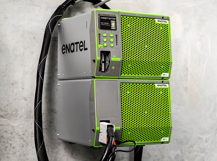 An Entatel battery charger that could be used to power electric warehouse vehicles like forklifts or AGVs. Source: Enatel