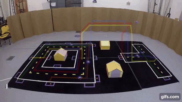 A simulation involving a mock city with swarm drones navigating on both land and air. Image credit: MIT CSAIL