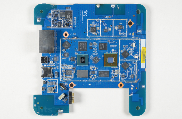 The main board of the Ring Alarm Pro Base Station contains the main applications processor from NXP Semiconductors as well as the main memory from Samsung and Micron Technology. Source: TechInsights