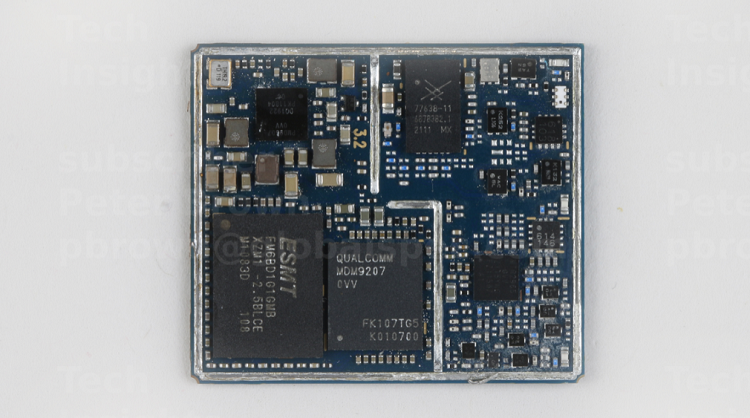 The LTE board is the heart of the communications systems of the Ring Alarm Pro Base Station with components from Infineon, Qualcomm, TI and more. Source: TechInsights