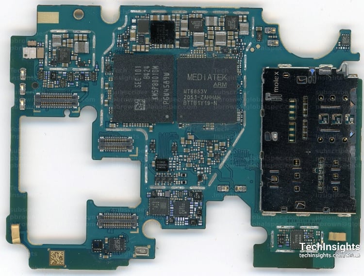 The main board and components of the Samsung Galaxy A32 smartphone. Source: TechInsights