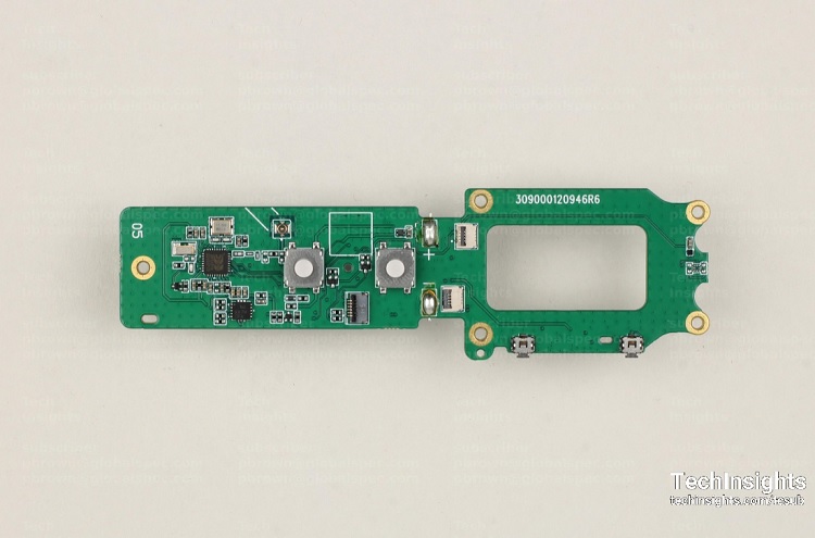 The controller board is the board that features the volume controller, buttons and trigger controls for the Lenovo Mirage VR S3 headset with sensors and management controllers. Source: TechInsights 