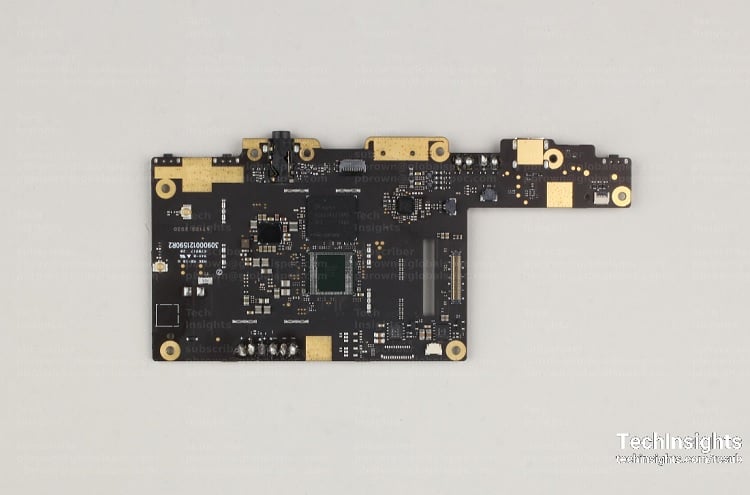 The main board of the Mirage VR S3 headset includes the main processor (Qualcomm’s Snapdragon 835) and main memory (64 GB 3D NAND and 6 GB of LPDDR4 SDRAM). Source: TechInsights