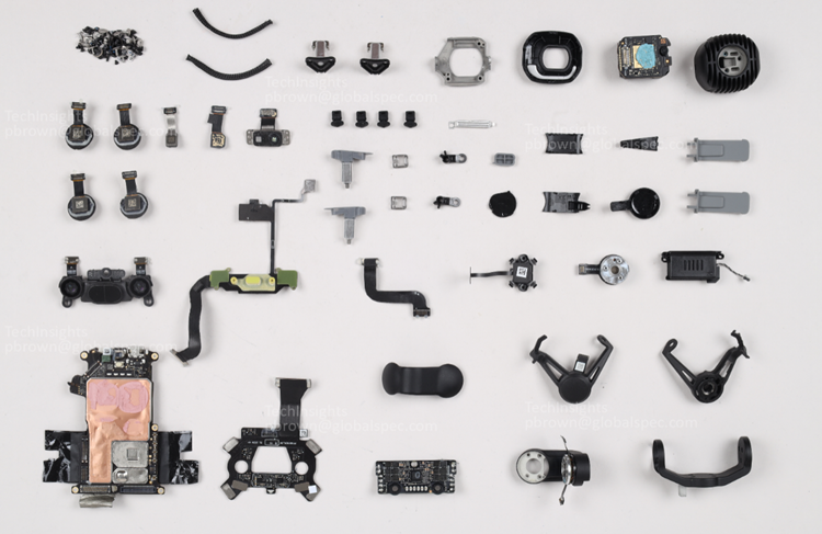 Some of the electronic components that are found inside the DJI Mini 5 Pro drone. Source: TechInsights