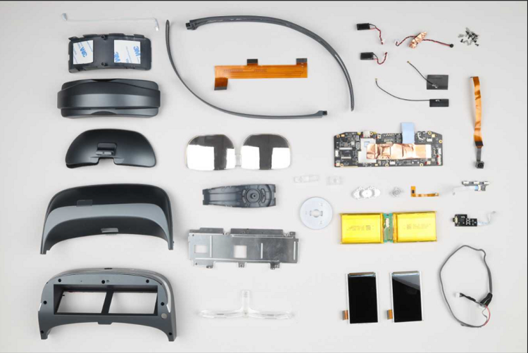 The complete components found in the Dream World Dream Glass AR headset. Source: TechInsights 