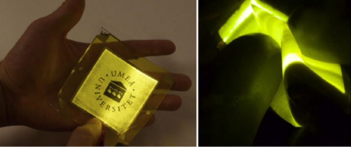(Left) An operating LEC textile device featuring a light-emission area of the Umeå University logo. (Right) An operating ultra-flexible and lightweight LEC textile. (Image Credit: Lanz et al./2016 IOP Publishing Ltd.) 