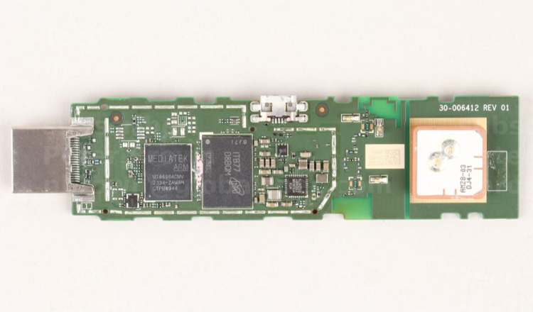 The main board of the Fire TV Stick 4K includes the main components of the device such as a MediaTek processor, Micron SDRAM and Nand Flash. Source: TechInsights