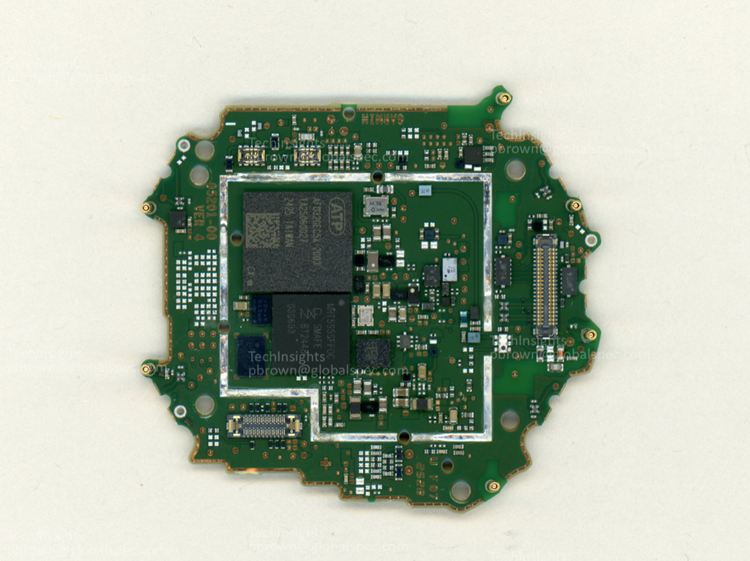 Some of the electronic components found on the main board of the Garmin Fenix 8 Pro smartwatch. Source: TechInsights 