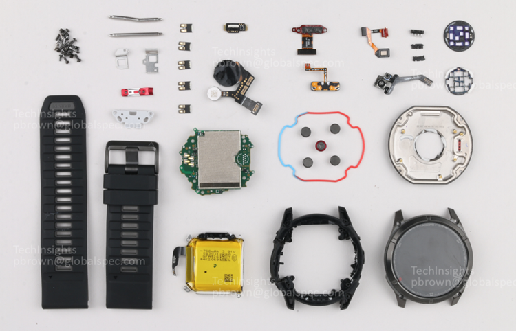 Some of the electronic components of the Garmin Fenix 8 Pro smartwatch. Source: TechInsights 