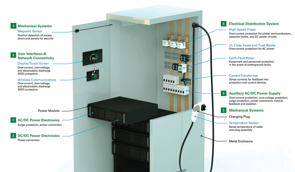 Figure 1. Example of a DC charging station subsystems and their circuit protection requirements. Source: Littelfuse