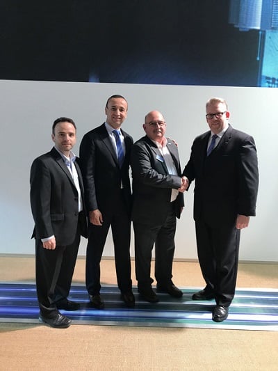 The agreement was signed at the Electronica 2018 trade fair in Munich, Germany. Robert Clapp Jr, Corporate Operations at Heilind Electronics, Jon DeSouza, president and CEO of Harting Americas, Alan Clapp, vice president at Heilind Electronics, Edgar-Peter Düning, managing director of Harting Electric (left to right). Source: Harting