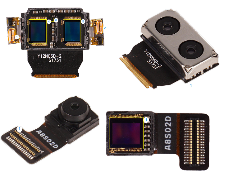 Motorola Moto Z3 camera components (top row, primary camera module; bottom row, secondary camera module). Source: IHS Markit