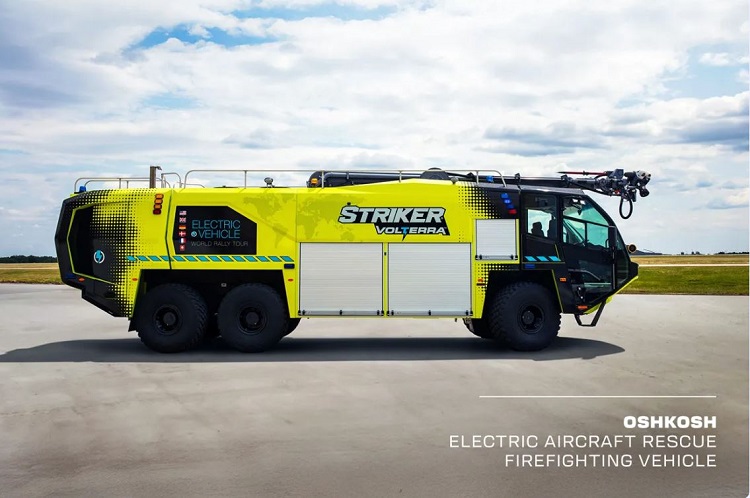 The Striker Volterra is a hybrid battery-electric and diesel operating vehicle that is 28% faster compared to traditional diesel only ARFF vehicles. Source: OshKosh 