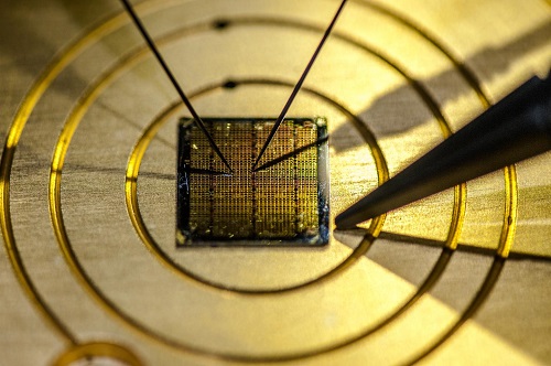 A closeup of a gold microchip. Image credit: Lancaster University 