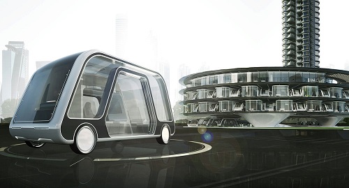 An illustration of the Autonomous Travel Suite outside an Autonomous Hotel. Source: Aprilli