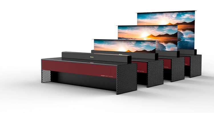 Hisense's prototype self-rising laser TVs are shown here with screen sizes ranging from 75 in to 100 in. Source: Hisense