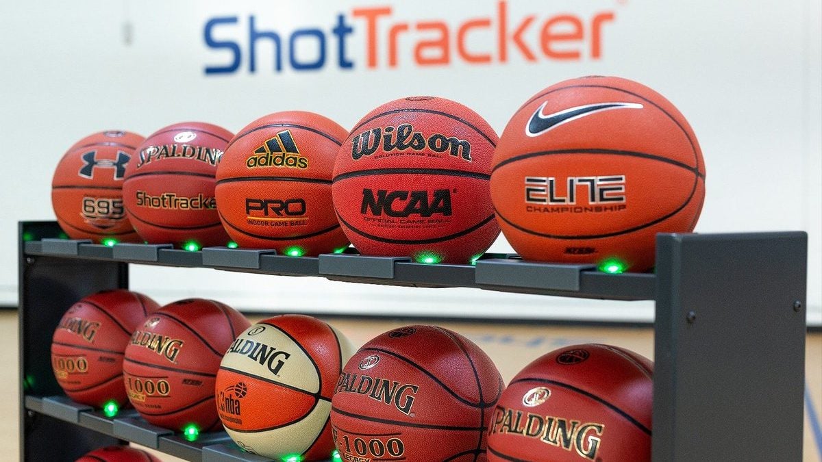 The ShotTracker rechargable basketball rack. Source: ShotTracker