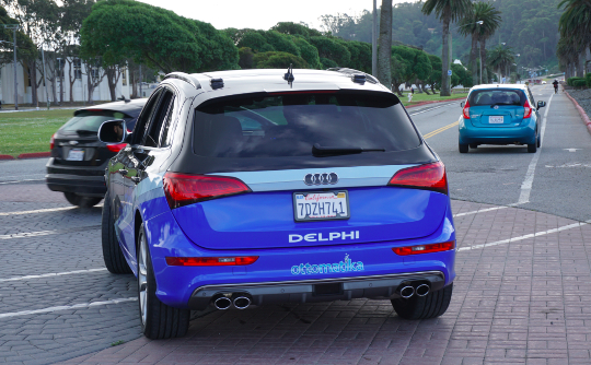Delphi's Roadrunner pulls into traffic on its transcontinental journey to New York. Source: Delphi.