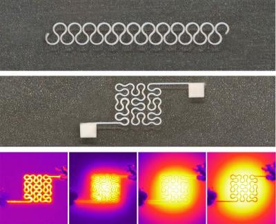 These images show two printed silver nanowire patterns: a horseshoe (top) and Peano curve (bottom) design, with high resolution. The printing technique was used to make a prototype glove containing an internal heater. The bottom shows infrared images of the wearable heater going through an on-off cycle. (Source: Yong Zhu)