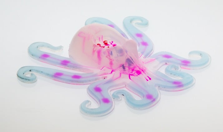 The octobot is controlled via the embedded microfluidic soft controller and powered by a chemical reaction of hydrogen peroxide. (Image Credit: Lori Sanders/Harvard University) 