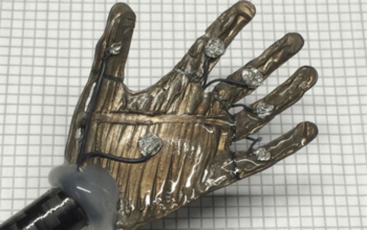 A small 3-D-printed ionic polymer-metal composite soft robotic hand. National Science Foundation researchers are working to transform this material into artificial muscles. (Image Credit: Kam K. Leang/University of Utah) 