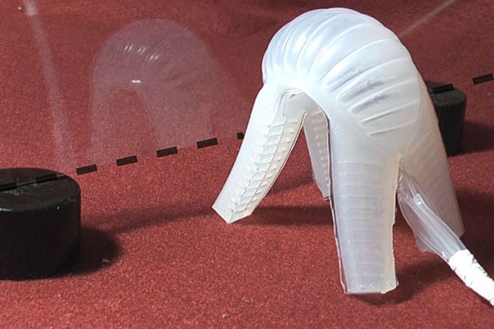 One of the first news-grabbing soft robots from 2011. When the “body” of the robot is inflated, it arches; when the “legs” are inflated, the robot stands up. (Image Credit: George Whitesides/Harvard University) 