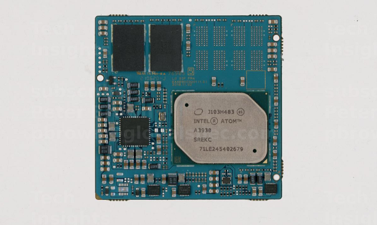 The CPU board of the Hyundai Ioniq 5 navigation system features the Intel 1.8 GHz dual-core Atom applications processor and other components needed to operate the unit. Source: TechInsights  