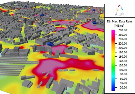 Figure 2. A 5G radio coverage simulation in an urban area considering multiple base stations using WinProp. Source: Altair