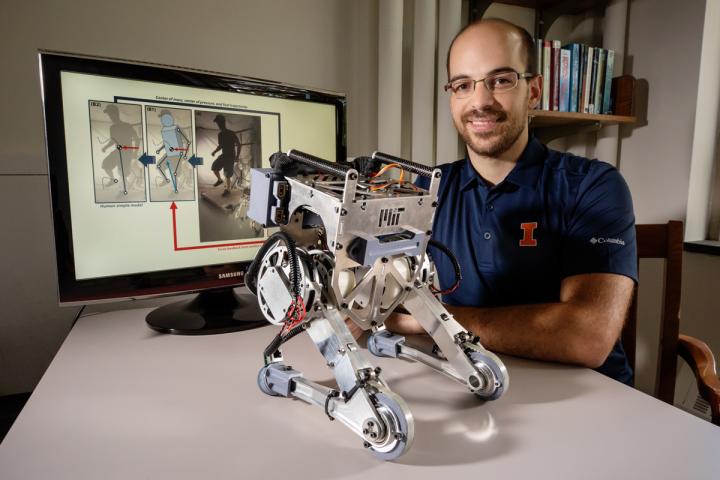 Mechanical science and engineering professor João Ramos developed a human-operated robot, named Little Hermes, which relies on human reflexes to remain upright during locomotion. (Source: L. Brian Stauffer)