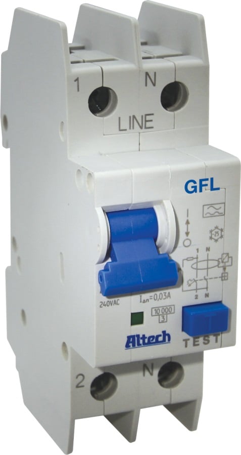 Figure 1. Altech’s GFL series devices are designed to provide protection against short circuits, overloads, AC ground faults (residual current faults) and pulsating DC ground faults.