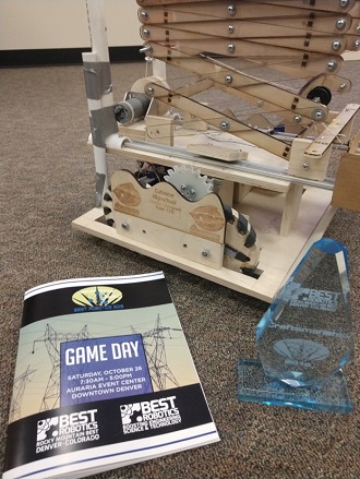 Figure 1: This award-winning robotic scissor lift was constructed with pieces cut by an Epilog laser.  Source: Gateway High School
