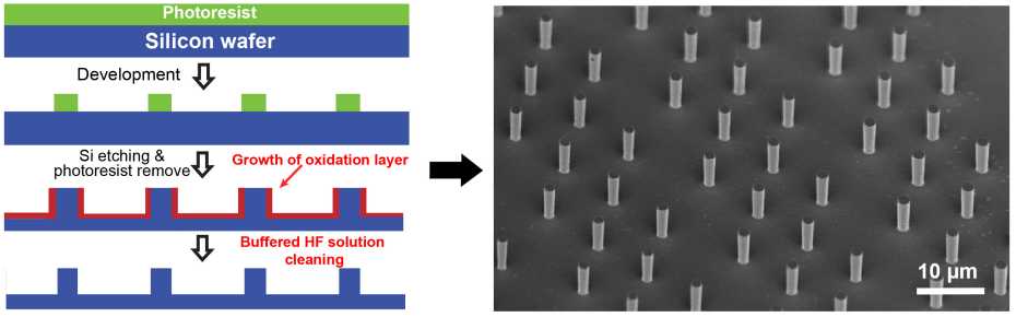 The production process for strong, deformable silicon pillars (links). The pillars are first etched through a resist, then oxidized and finally cleaned. On the right, the end result can be seen (electron microscope image). Source: ETH Zurich