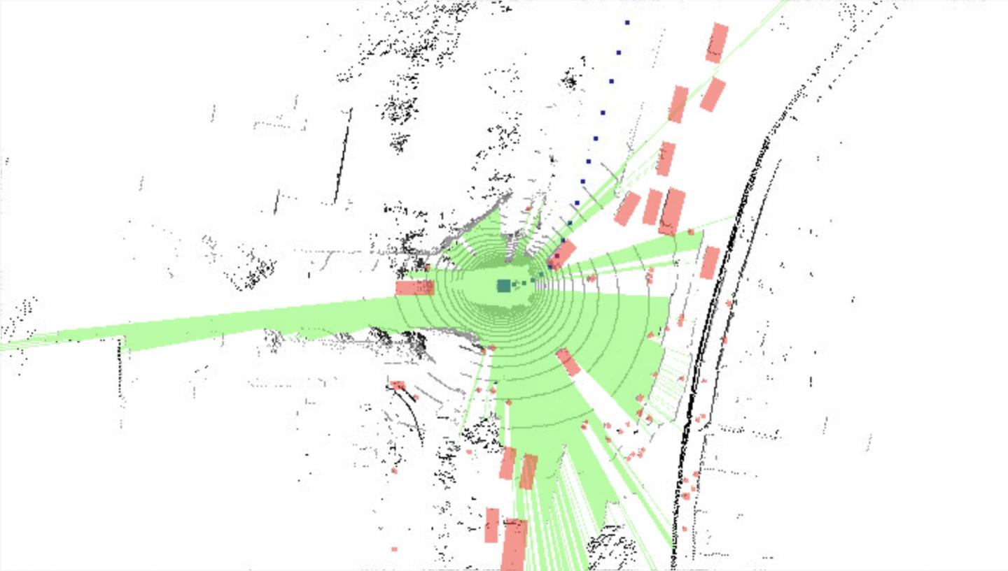 New CMU research shows that what a self-driving car doesn't see (in gre en) is as important to navigation as what it actually sees (in red).Source: Carnegie Mellon University
