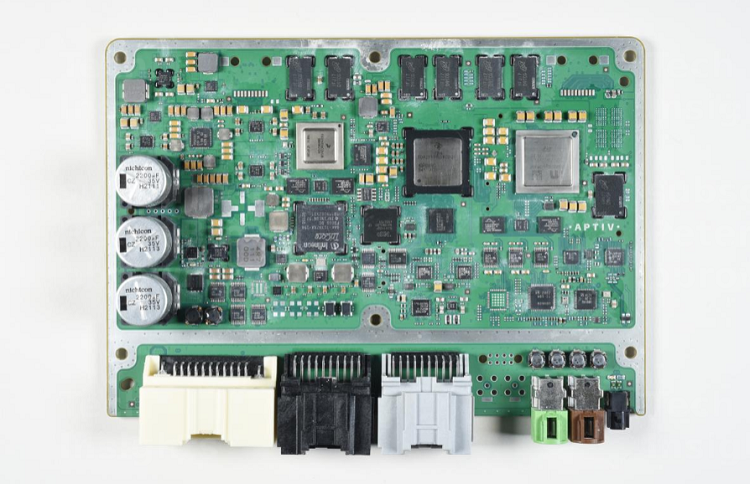The front side of the main board of the Ford F-150 contains the main processors and memory to operate the ADAS functionality. Source: TechInsights